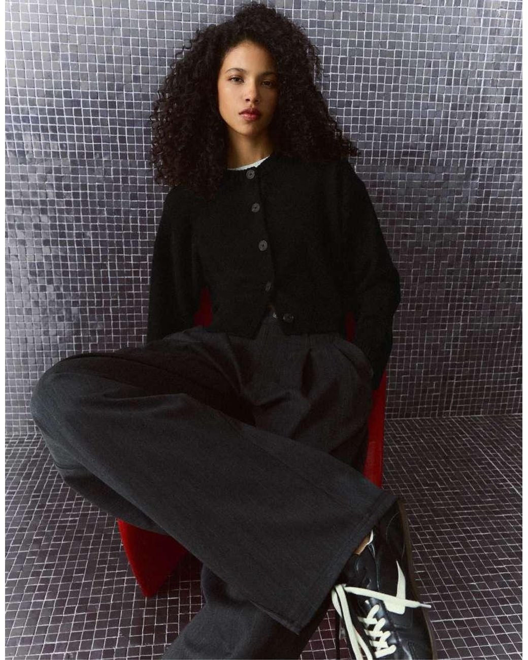 Bershka Black Round Neck Button-up Knit Cardigan