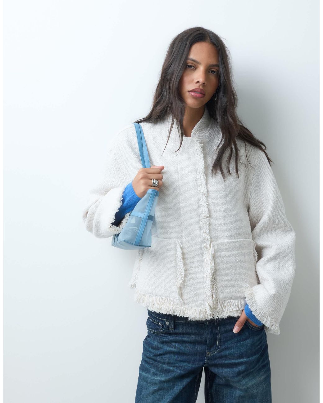 ASOS Gray Collarless Wool Blend Boucle Jacket