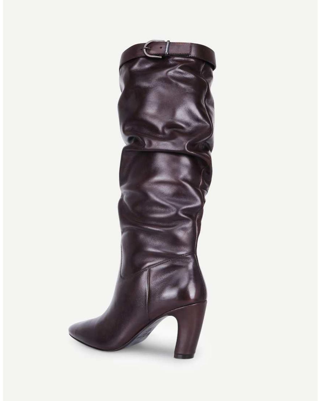 OFF THE HOOK Black Juno Leather Slouchy Knee-High Boots With Buckle Detail