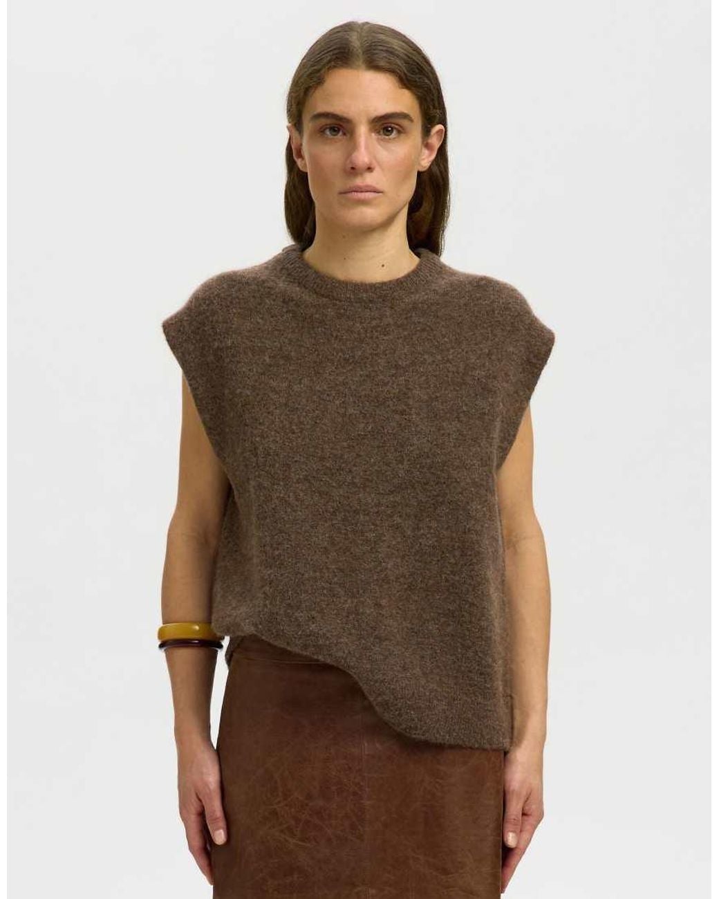 SELECTED Brown Lulu Denim Relaxed Fit Crew Neck Knitted Vest