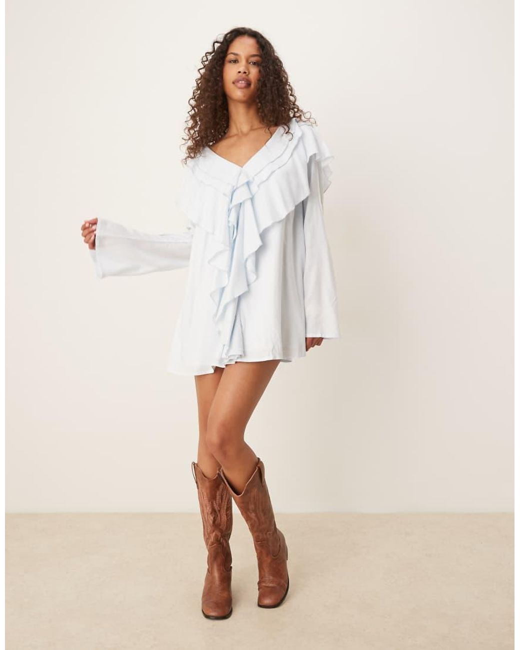 ASOS White V Neck Smock Mini Dress With Ruffles