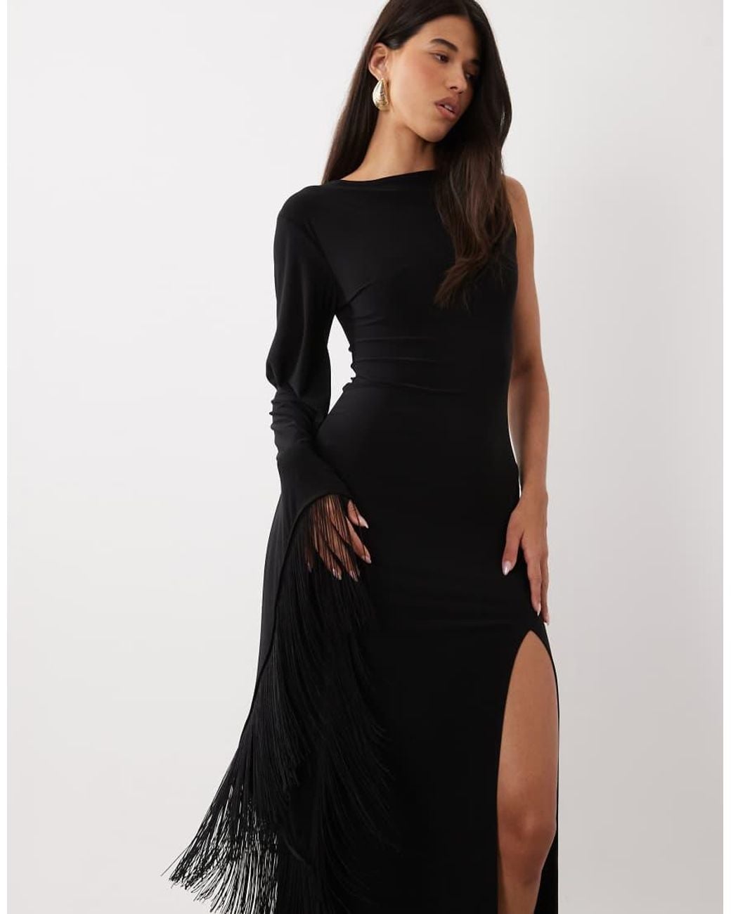 ASOS Black One Shoulder Slinky Maxi Dress With Fringe Detail And Split