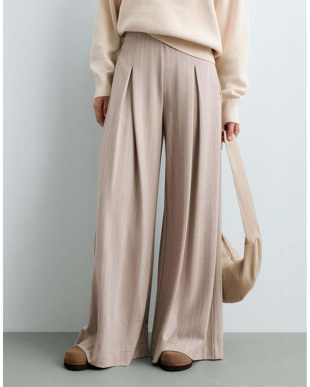 Oysho Natural Soft-Touch Striped Wide-Leg Trousers