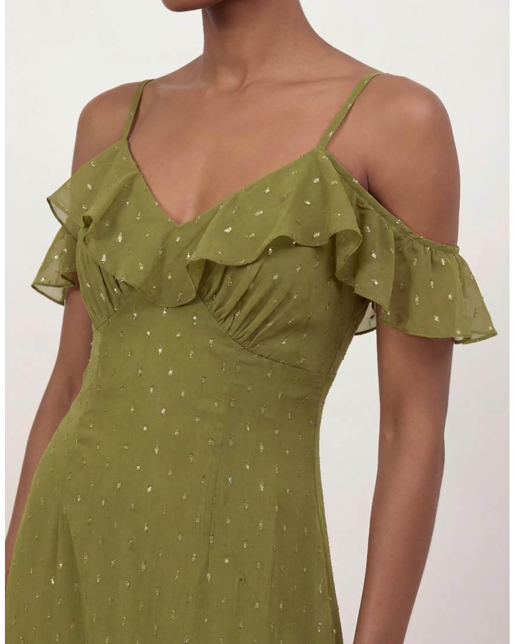 ANAYA Green Cold Shoulder Ruffle Maxi Dress