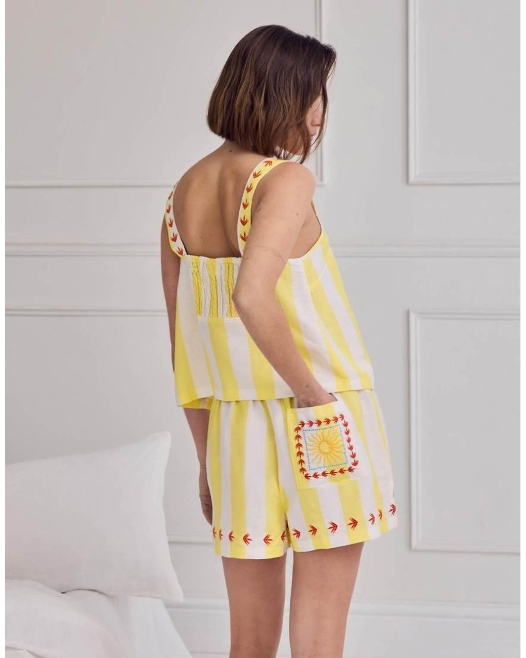 Chelsea Peers Yellow Linen Blend Embroidered Back Stripe Cami Short Pyjama Set