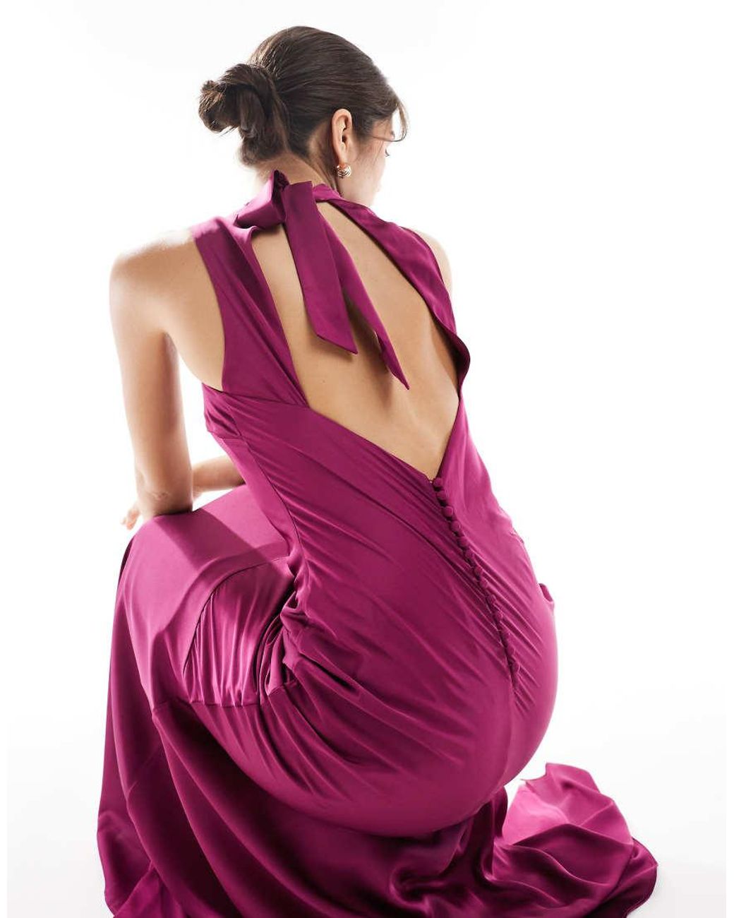 TFNC London Purple Bridesmaids Asymmetric High Neck Satin Maxi Dress