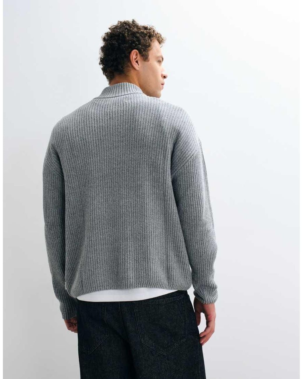 Hollister Gray Knitted 1/4 Zip Ribbed Jumper for men