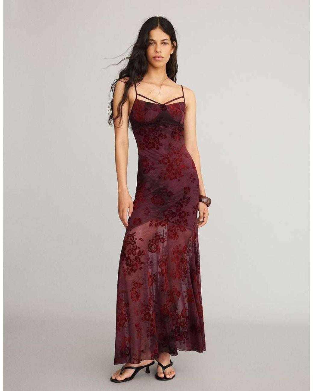 Bershka Red Flocked Tulle Midi Dress With Straps