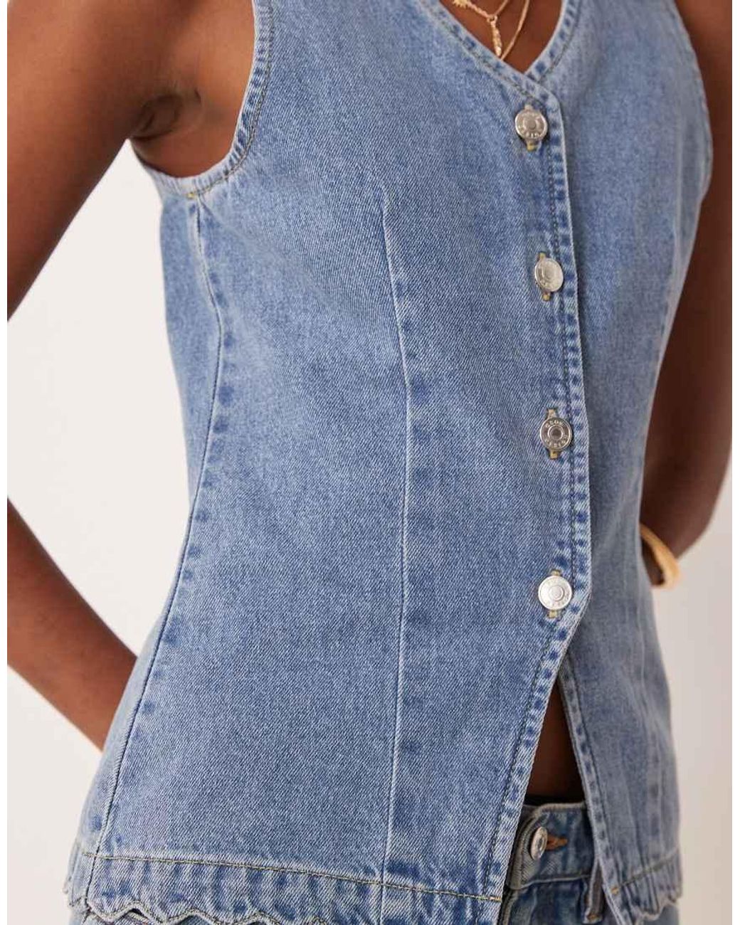 ASOS Blue Denim Button Through Waistcoat With Scallop Hem