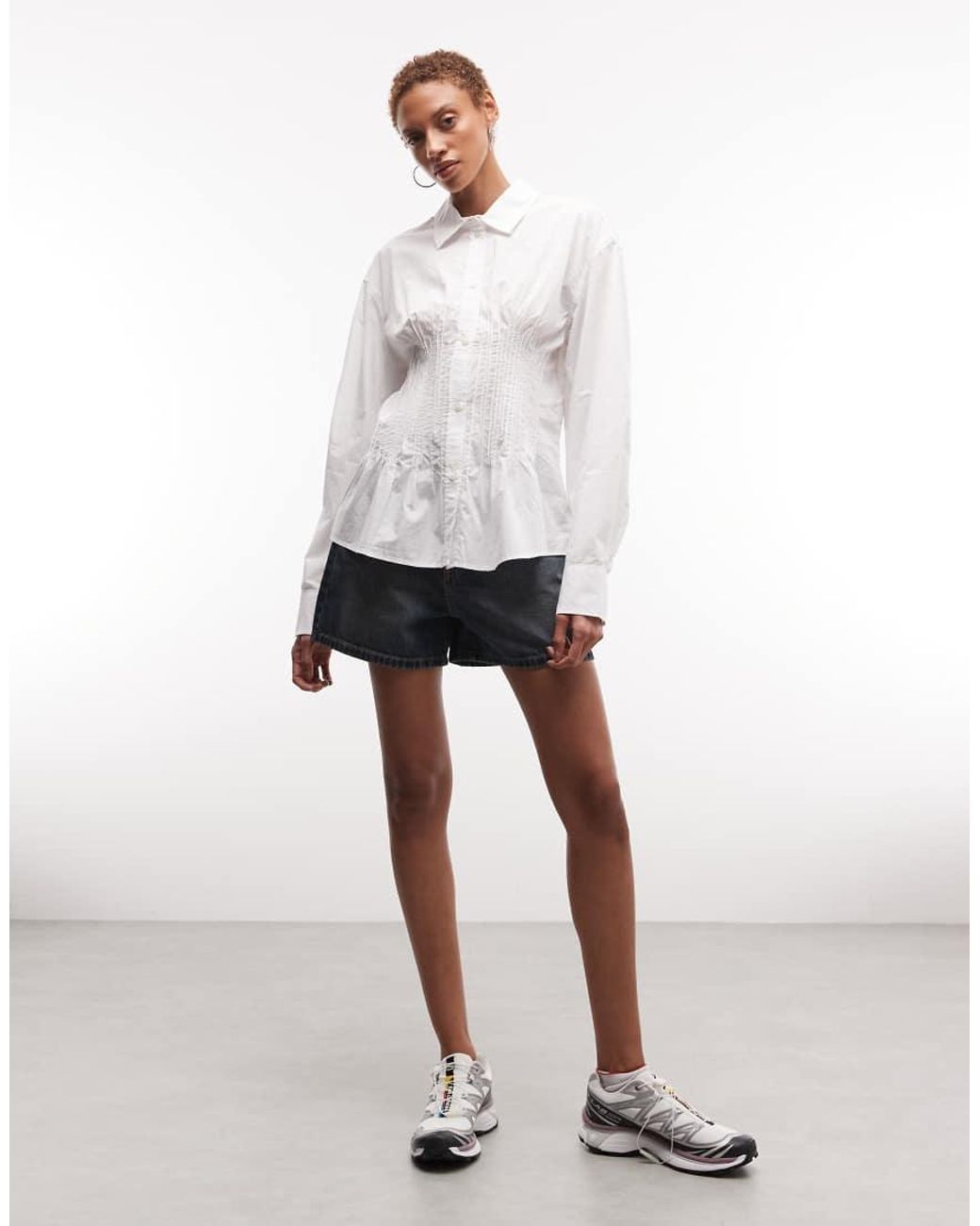Weekday White Cinched Shirt With Rouching And Peplum Hem