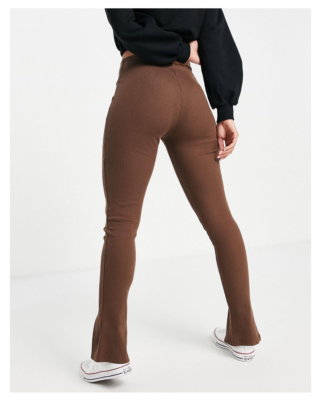 TOPSHOP Ribbed Flared leggings With Zip Front Split Hem in Brown