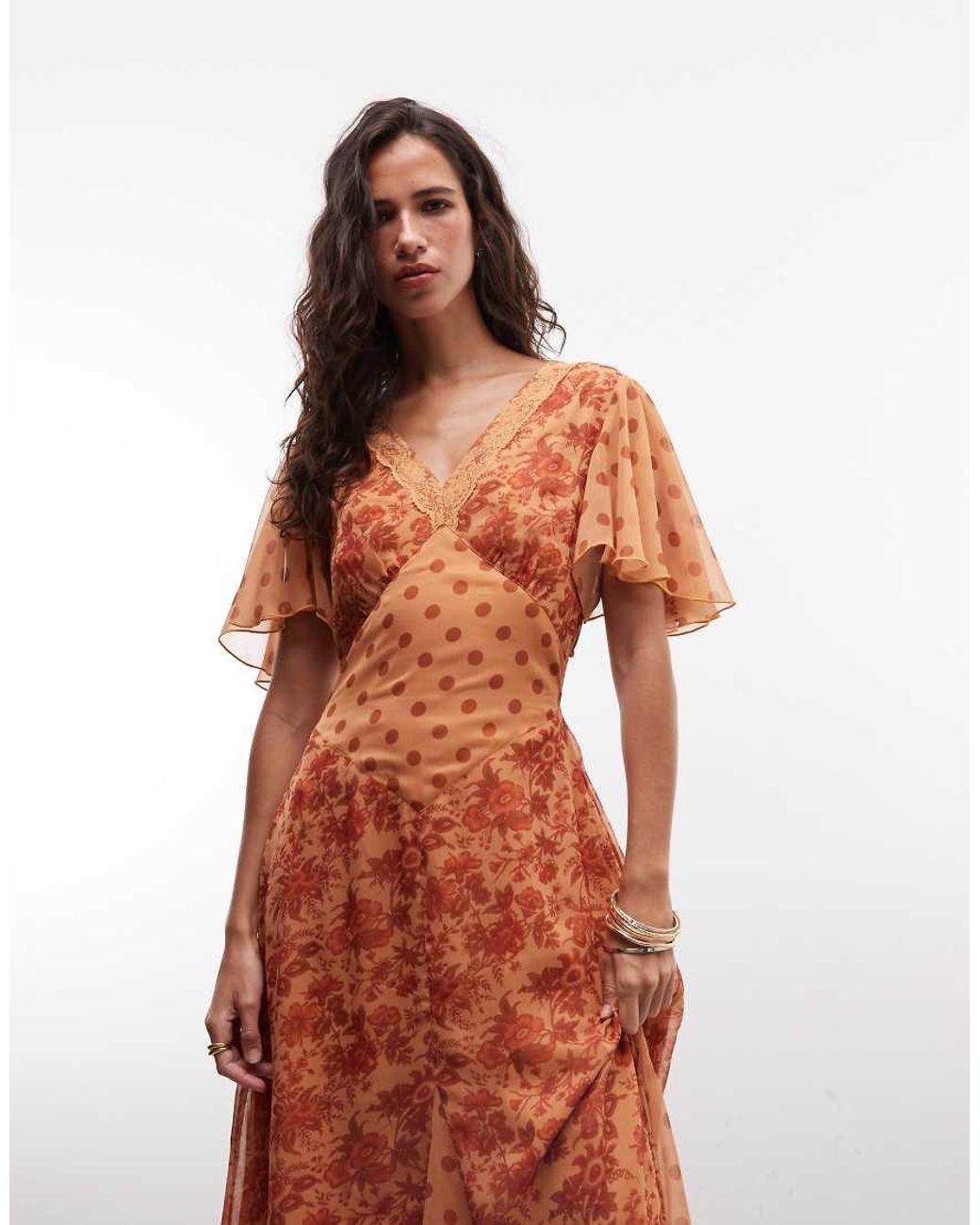Reclaimed Vintage Orange Midi Tea Dress With Fluttter Sleeves