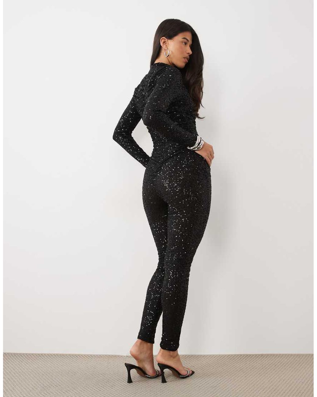 Ruched & Ready Black Sequin High Neck Ruched Detail Jumpsuit