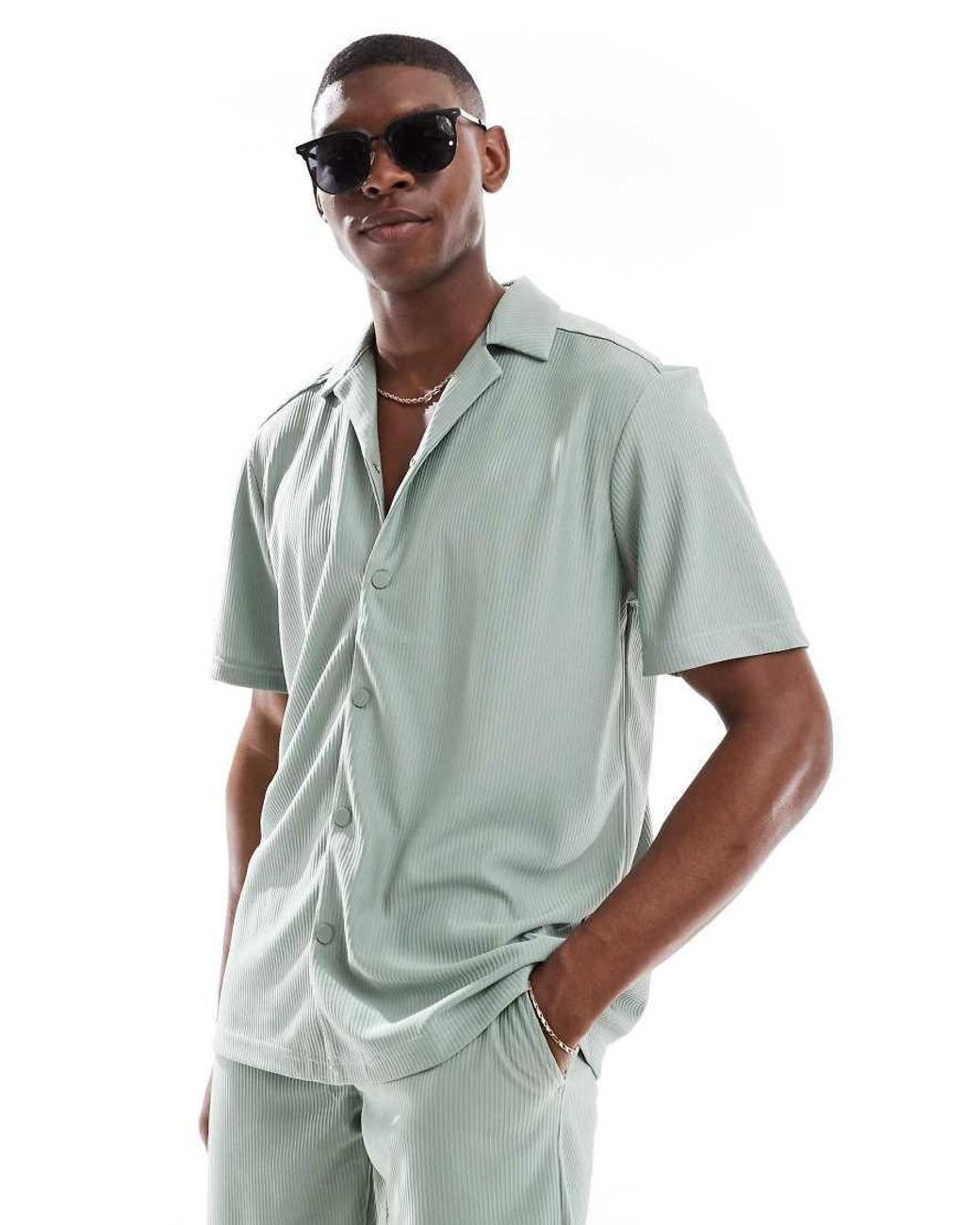 Only & Sons Blue Plisse Revere Collar Shirt Co-Ord for men