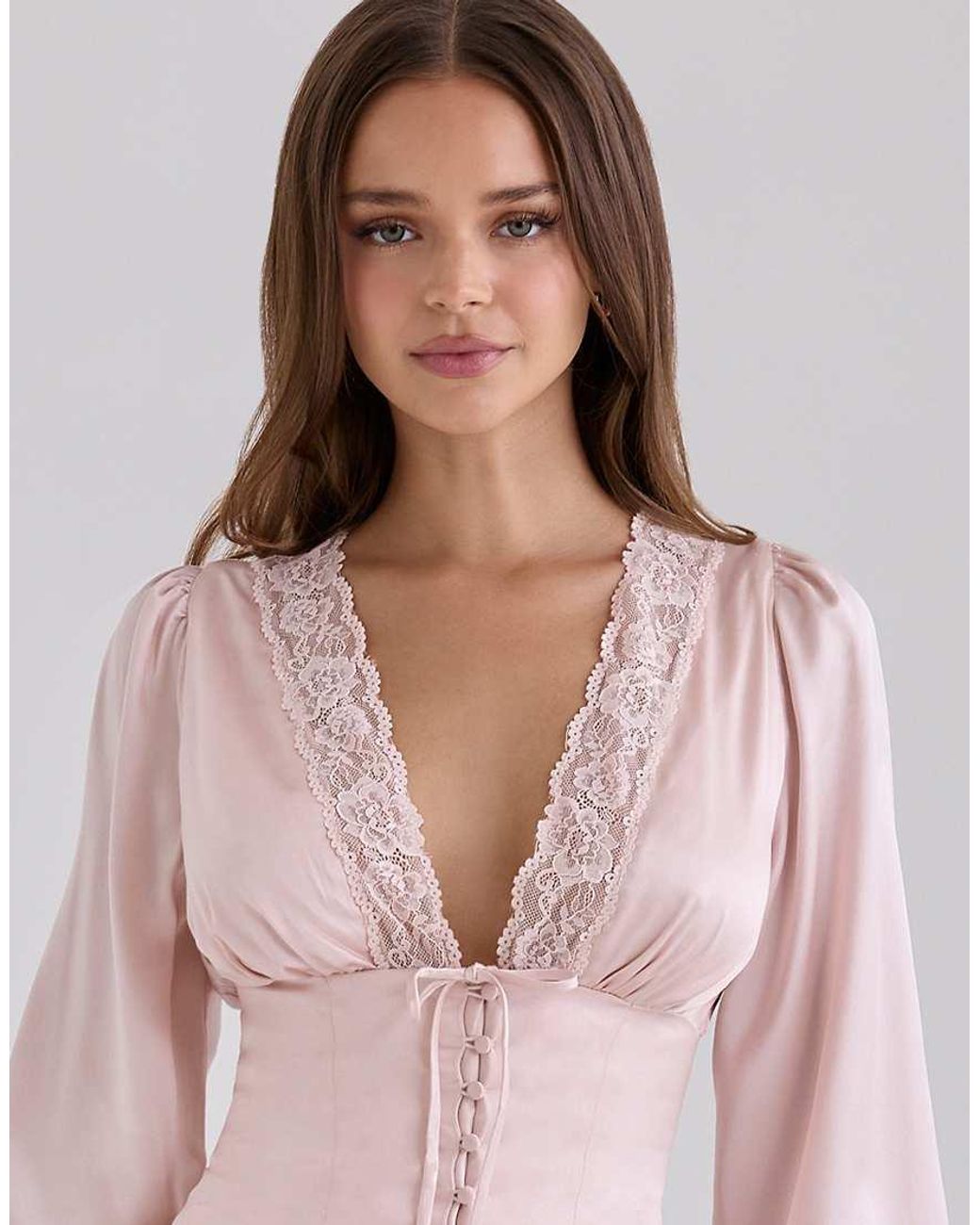 House Of Cb Blue Luciana Real Silk Long Sleeve Lace Trim Top