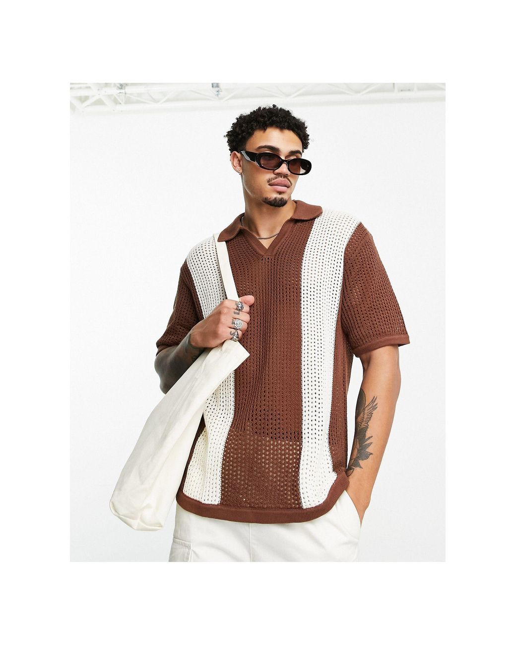 Bershka Crochet Wide Stripe Polo in Brown for Men Lyst
