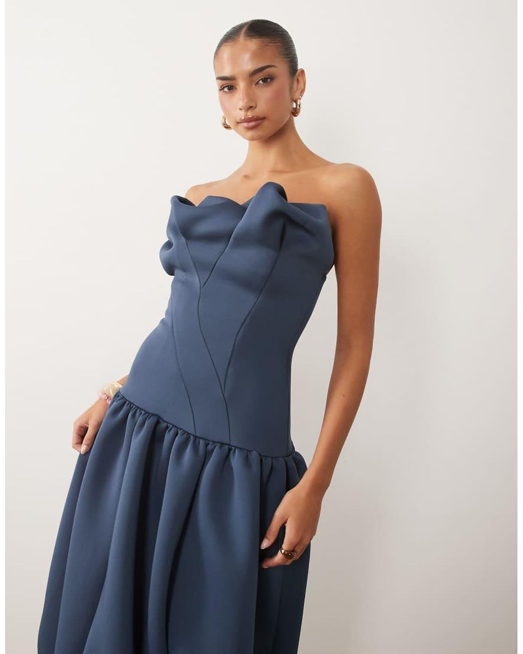 ASOS Blue Scrunched Bandeau Bubble Hem Midi Dress