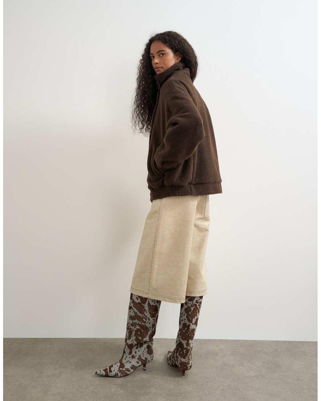 TOPSHOP Gray Funnel Neck Wool Belted Bomber Jacket