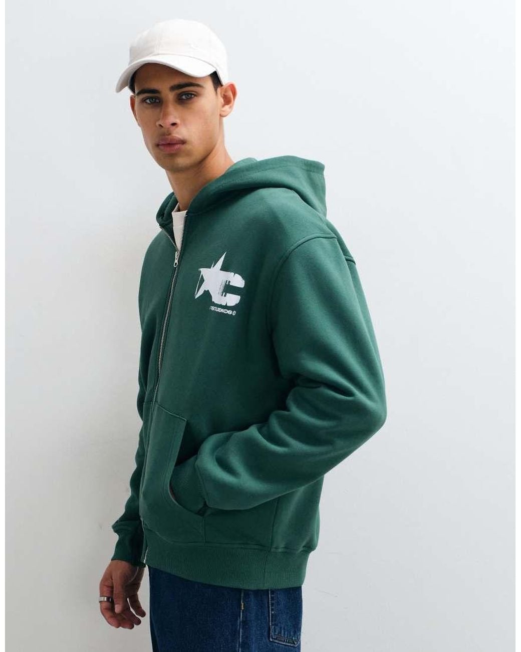 ASOS Green Relaxed Zip Through Hoodie With Print for men