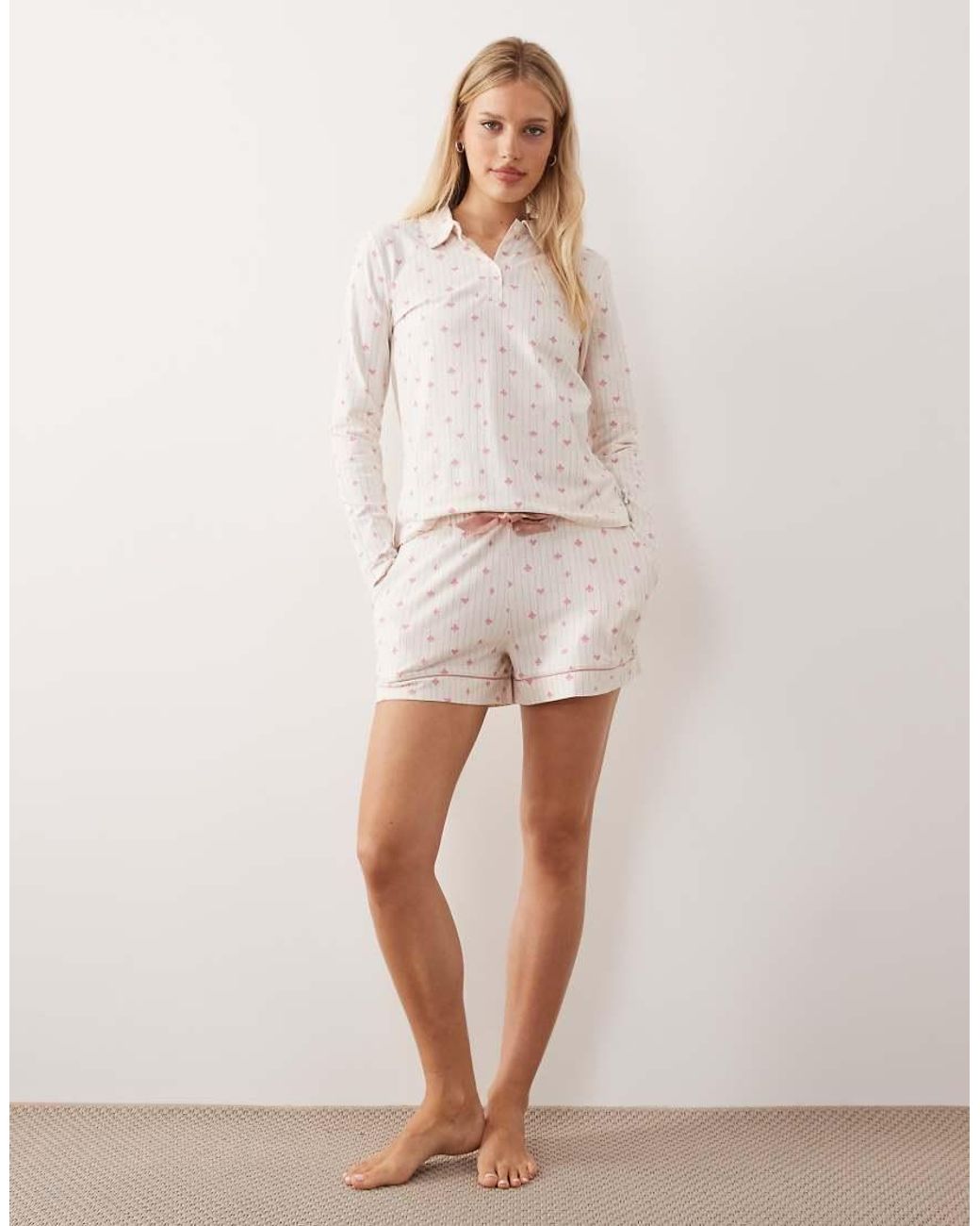 Chelsea Peers Natural Suits Of Cards Long Sleeve Rugby Top And Shorts Pajama Set