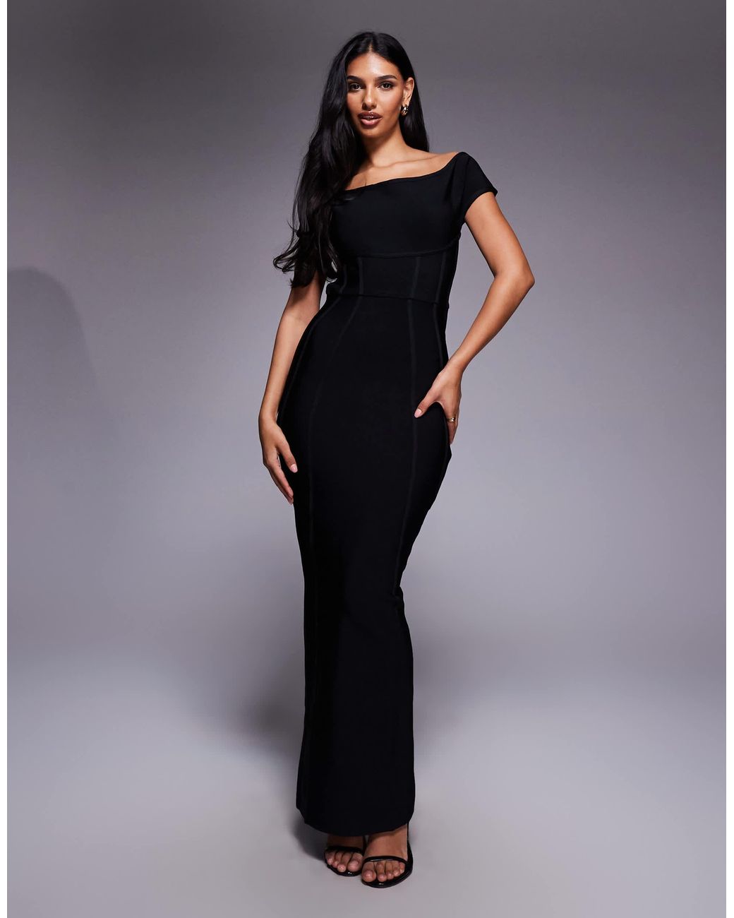 Kaiia Blue Exclusive Premium Sculpting Bandage Bodycon Bardot Maxi Dress