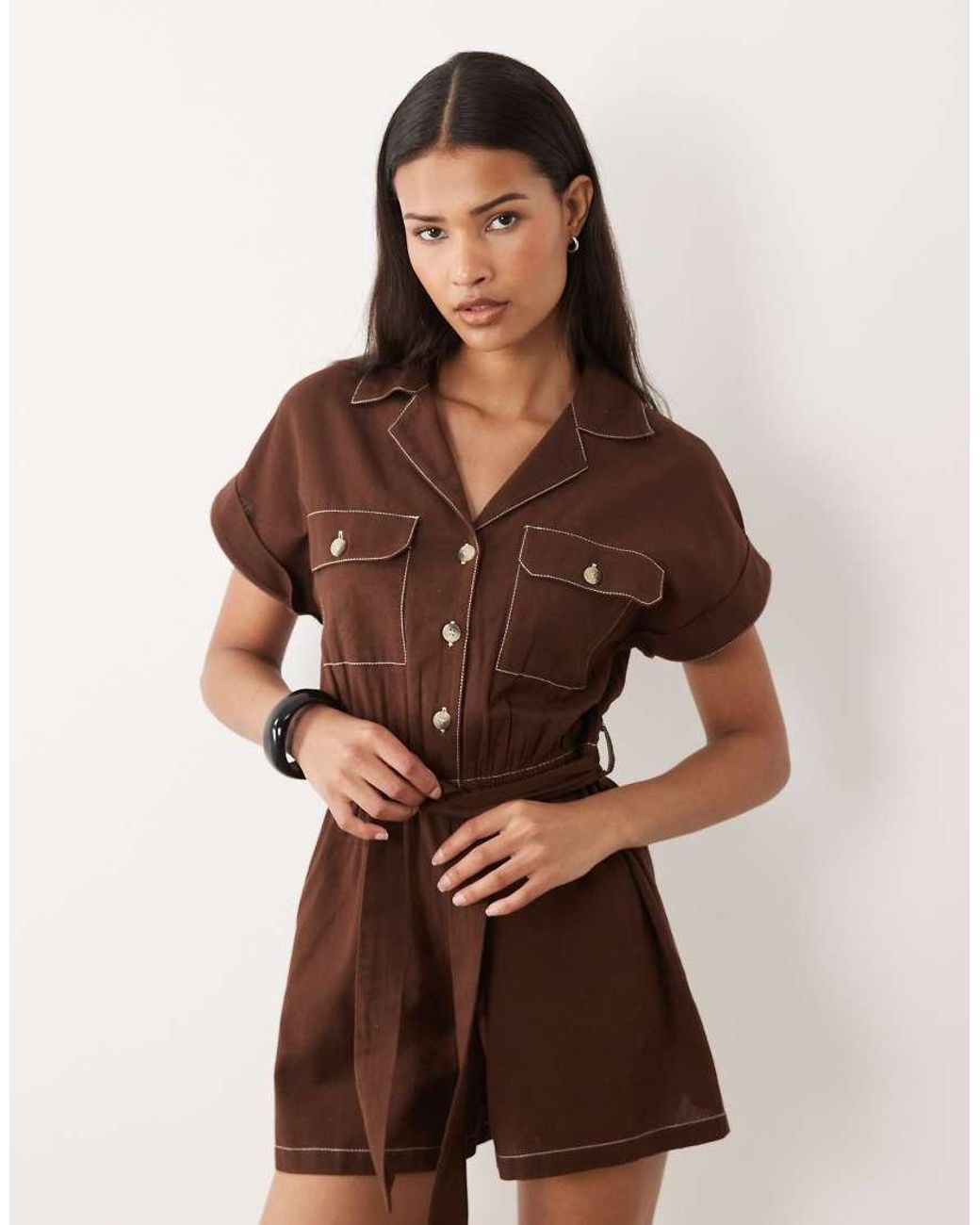 Wednesday's Girl Brown Short Sleeve Tie Waist Playsuit