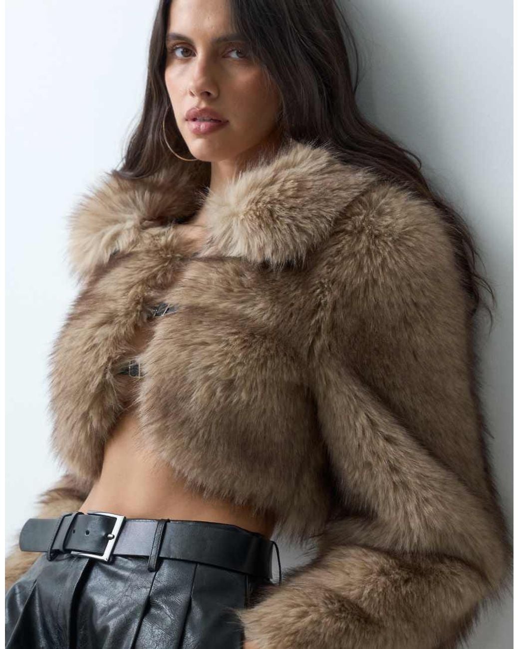 I.AM.GIA Brown Ash Oversized Buckle Detail Cropped Faux Fur Jacket