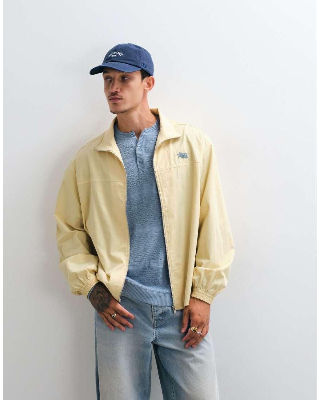 ASOS Blue Boxy Oversized Zip Through Funnel Neck Jacket With Chest Embroidery for men