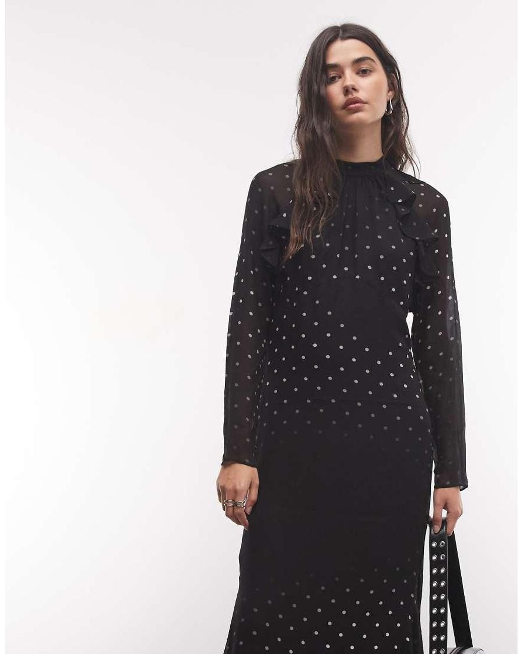 AllSaints Black Clarisse Long Sleeve High Neck Polka Dot Maxi Dress
