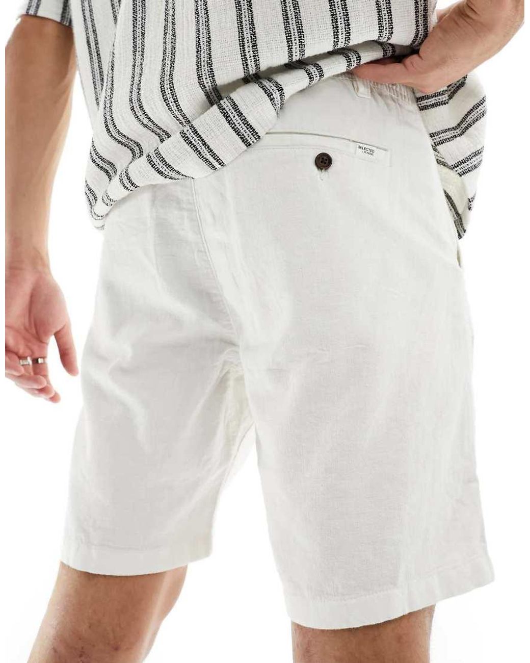 SELECTED White Linen Blend Shorts for men