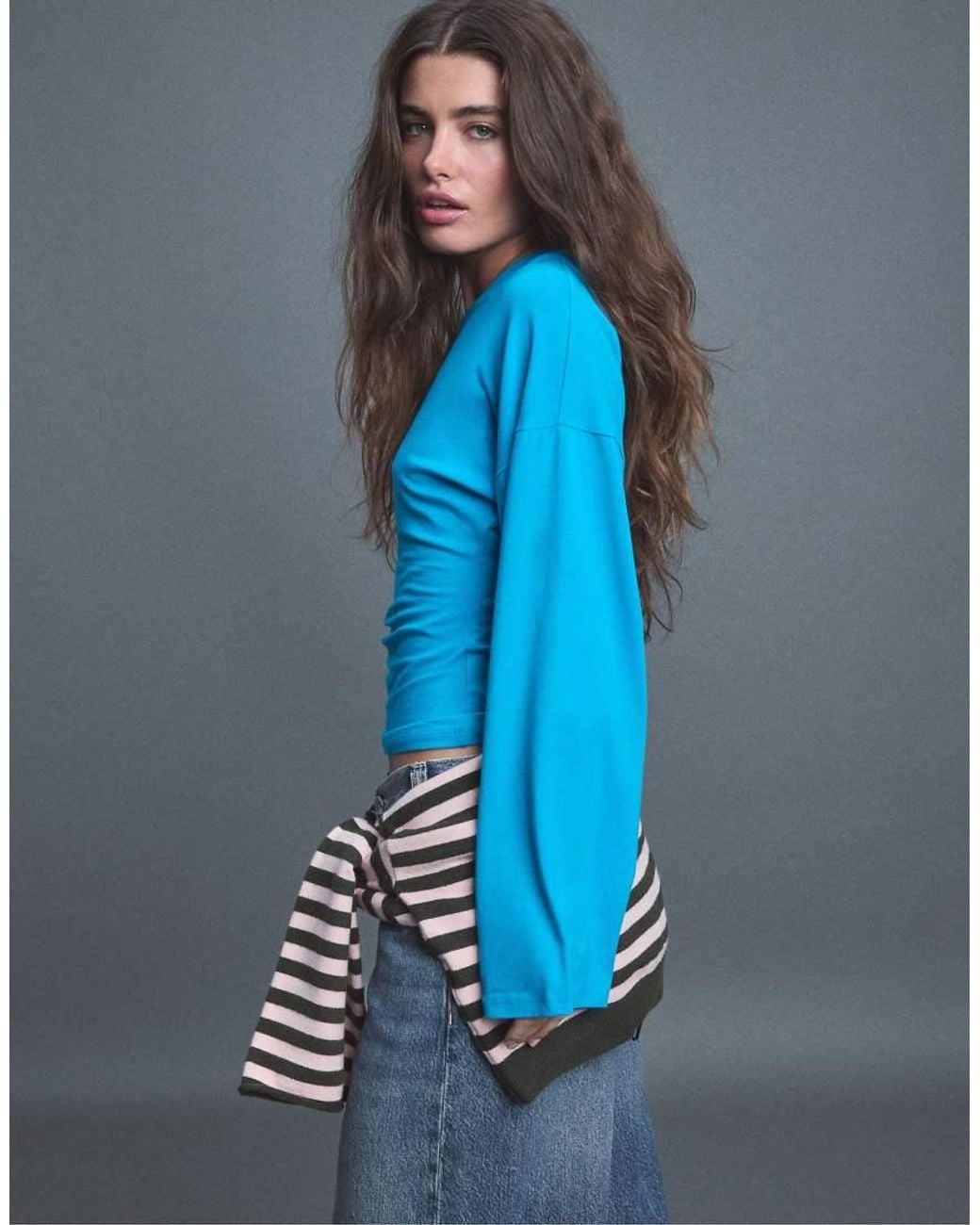 Stradivarius Blue Long Sleeve Fitted Waist T-shirt