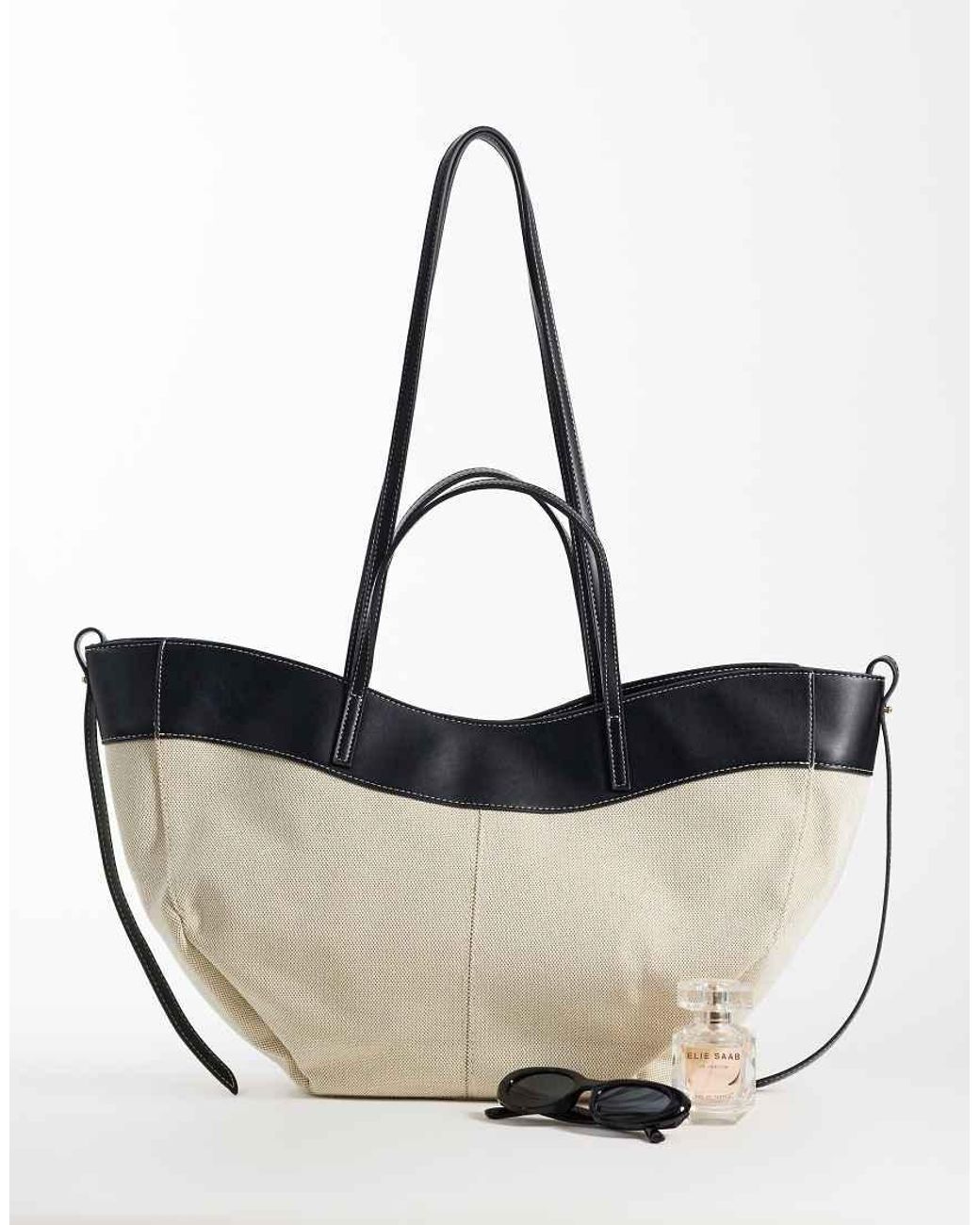 Gina Tricot White Canvas Tote Bag With Faux Leather Trim