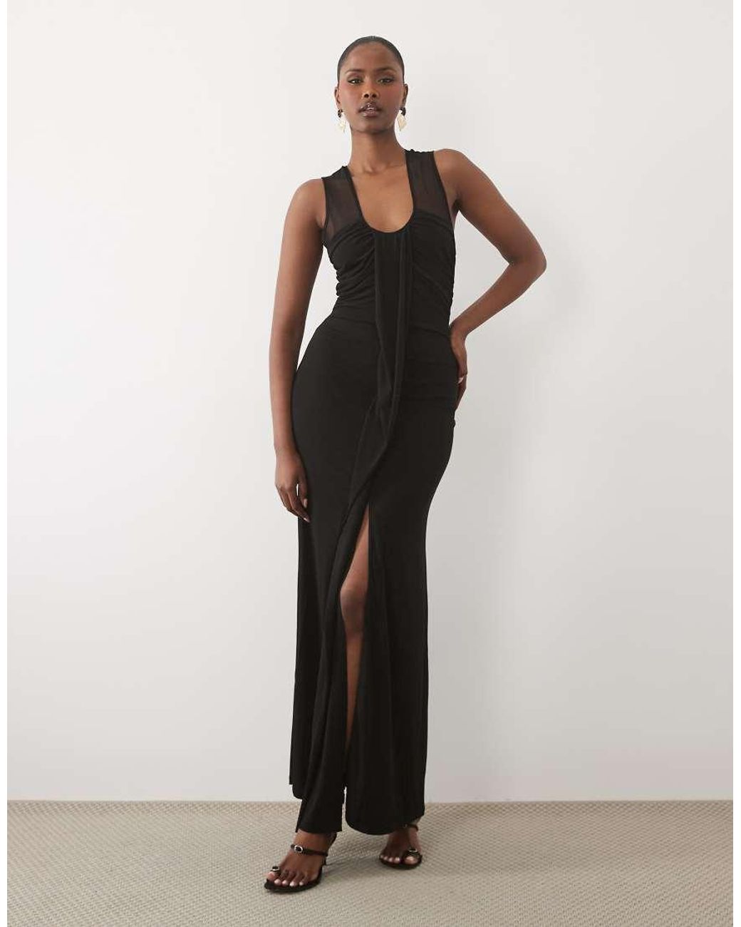 TFNC London Black Slinky Deep Scoop Neck Ruched Front Sleeveless Maxi Dress