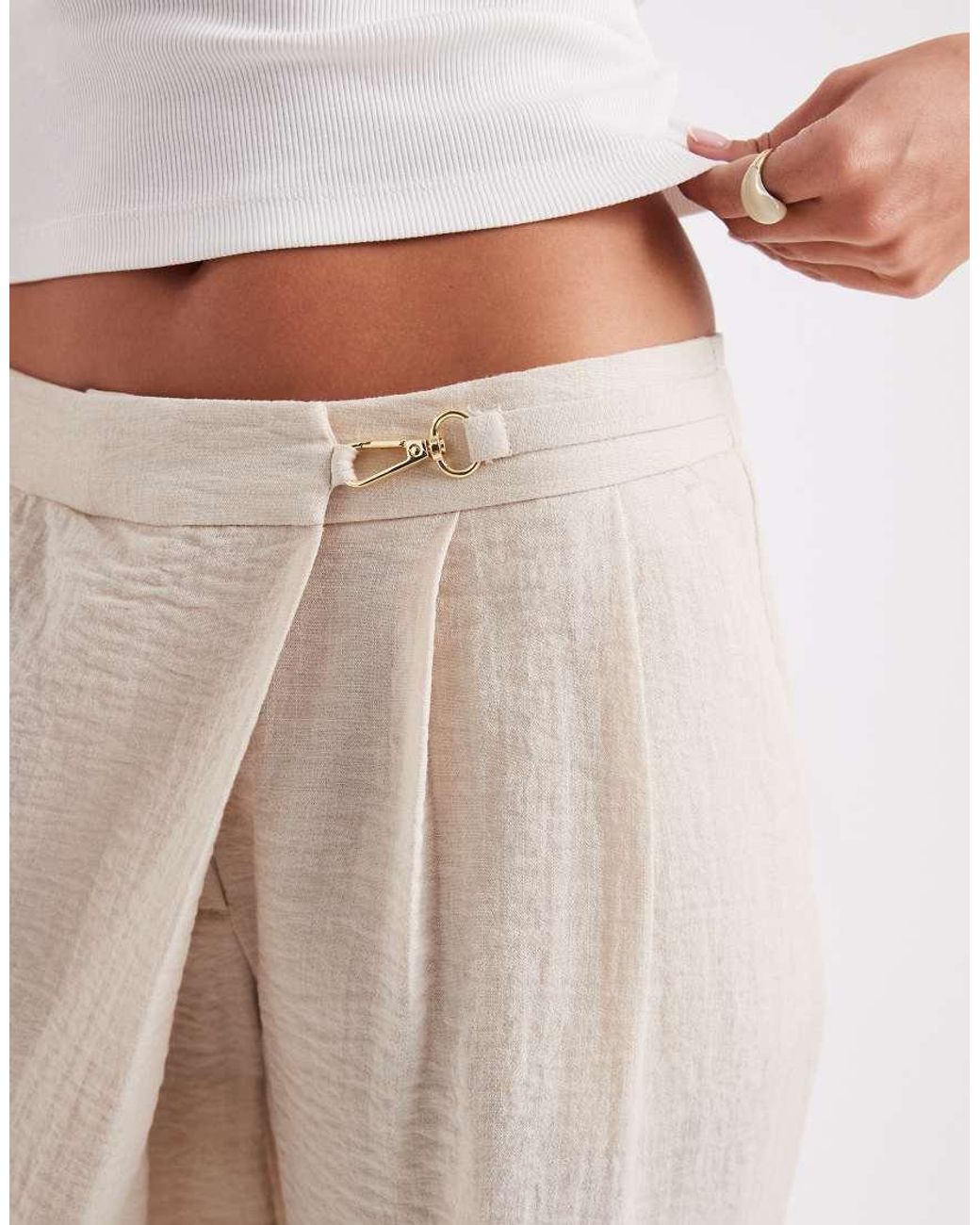 ASOS White Tailored Linen Look Wrap Front Gold Buckle Detail Pants