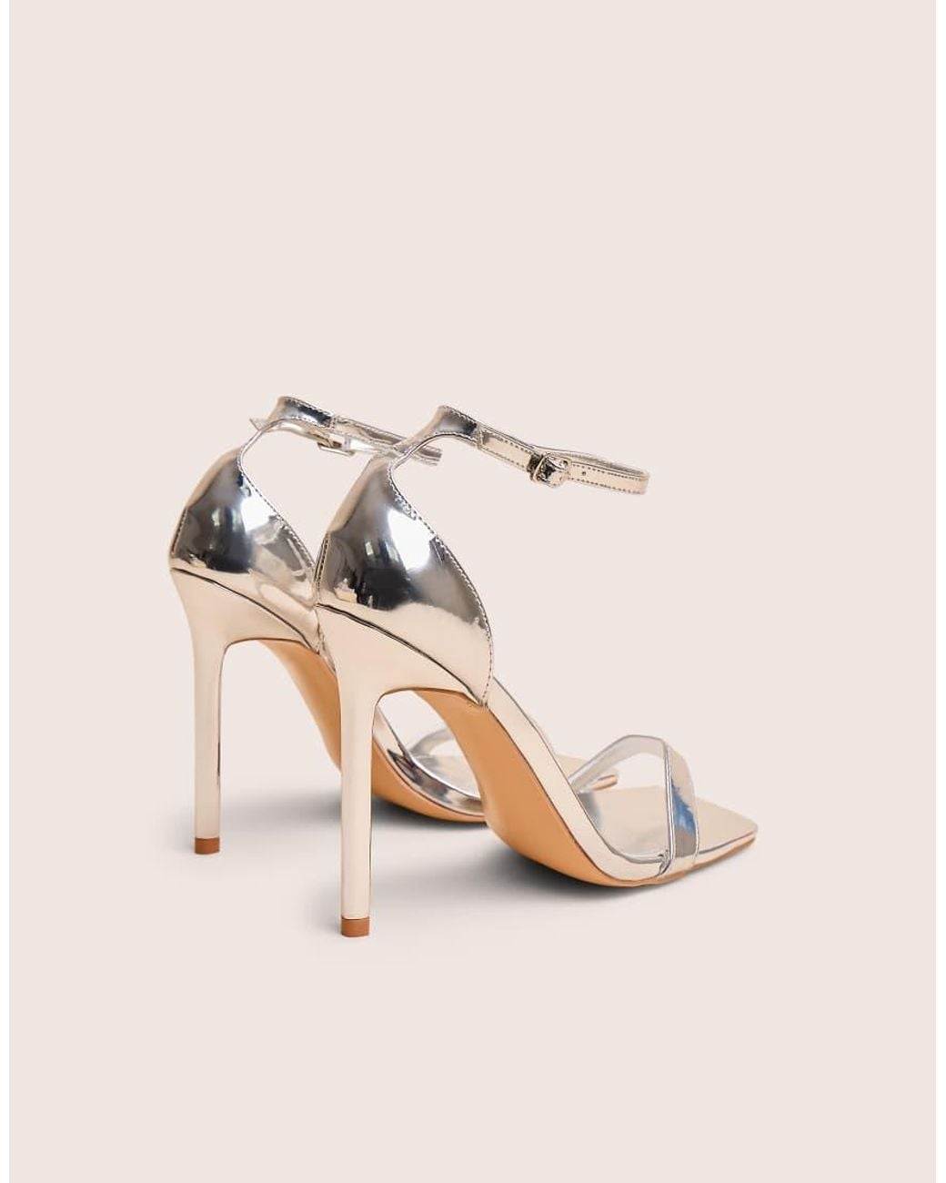 Public Desire Brown Chaos Silver Square Toe Strappy Barely There Stiletto Heel