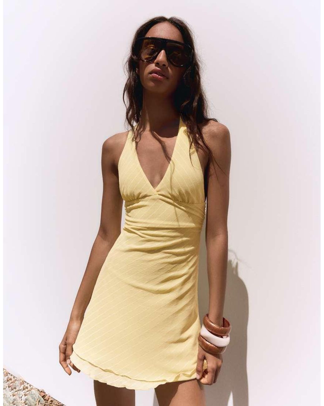 Bershka Natural Striped Mini Halter Dress