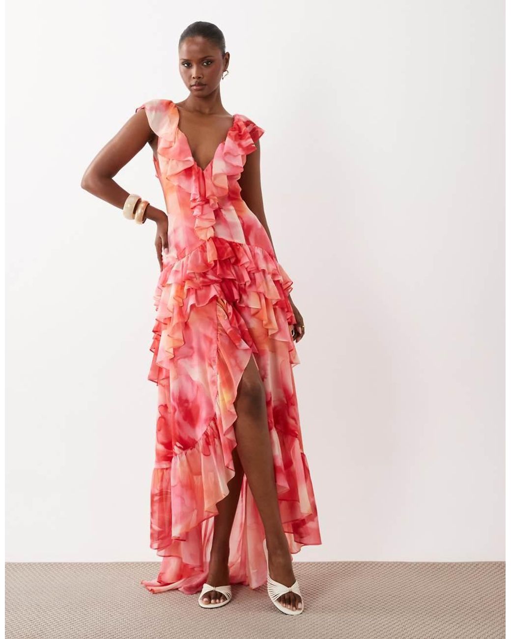Wanderdoll Cara Plunge Neck Ruffle Tiered Maxi Dress