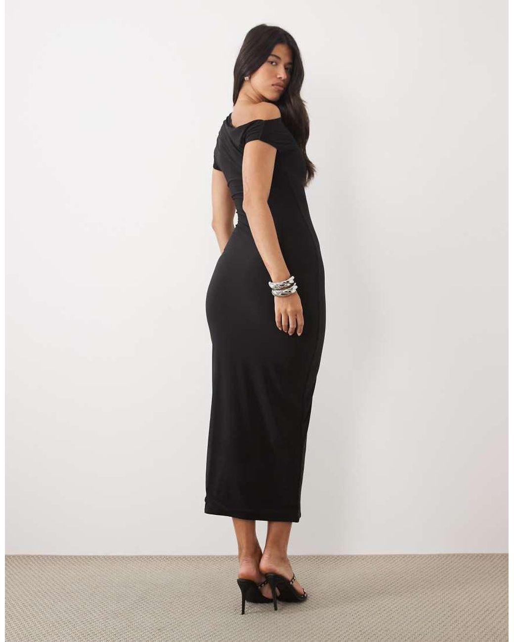 Kaiia Black Exclusive Double Layered Slinky Drape Off Shoulder Bodycon Maxi Dress