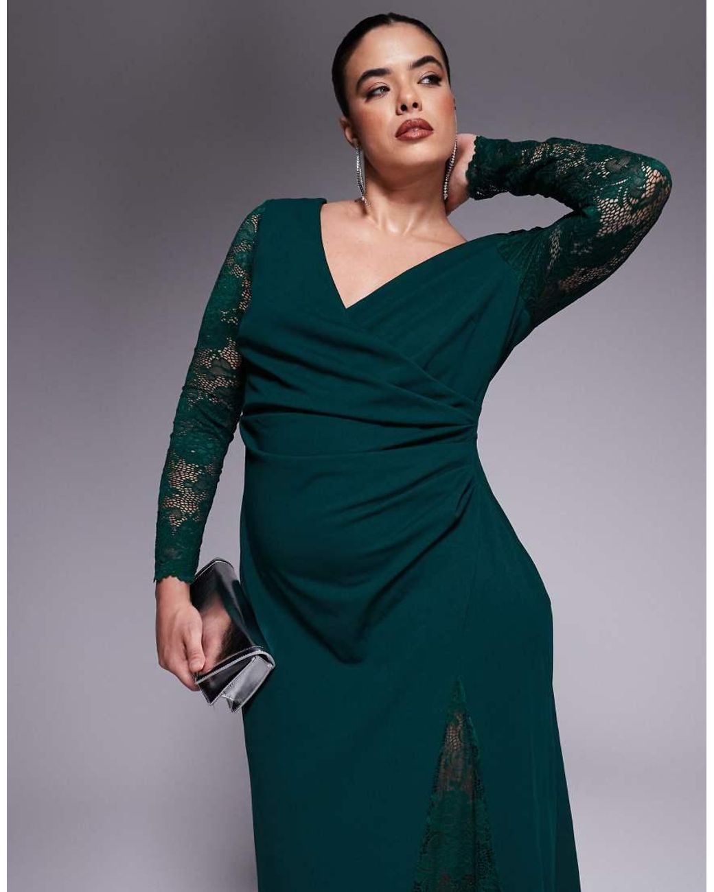 Goddiva Green Curve Lace Wrap Maxi Dress