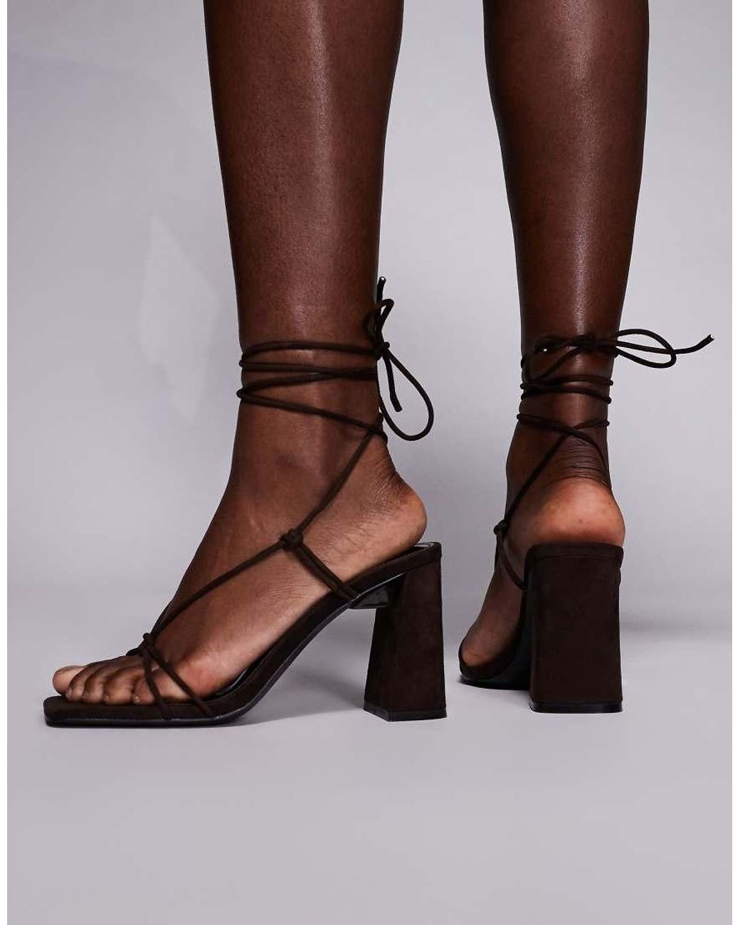 Public Desire Brown Karia Tie Leg Block Heeled Sandals