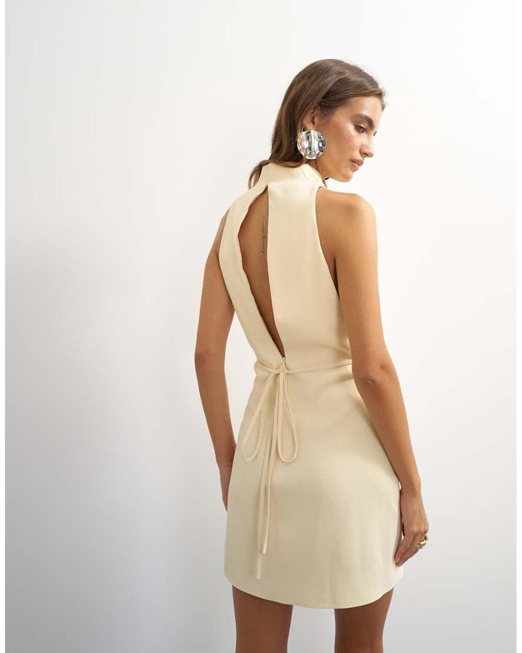TOPSHOP White Heavy Crepe High Cowl Neck Mini Dress With Tie Waist