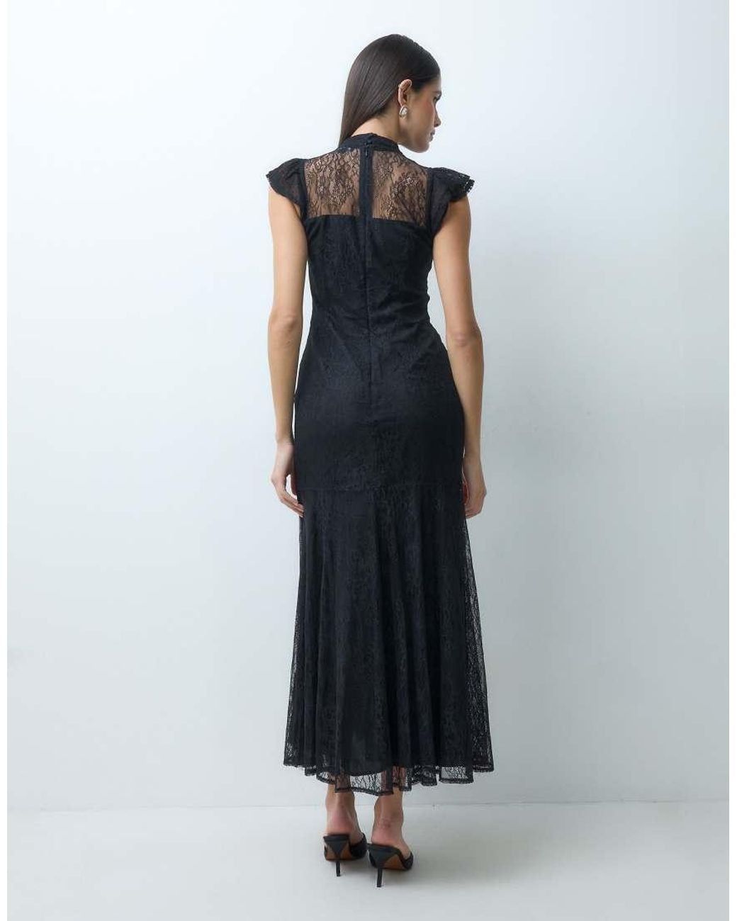 Nobody's Child Blue Katell Lace Overlay High Neck Cap Sleeve Midi Dress