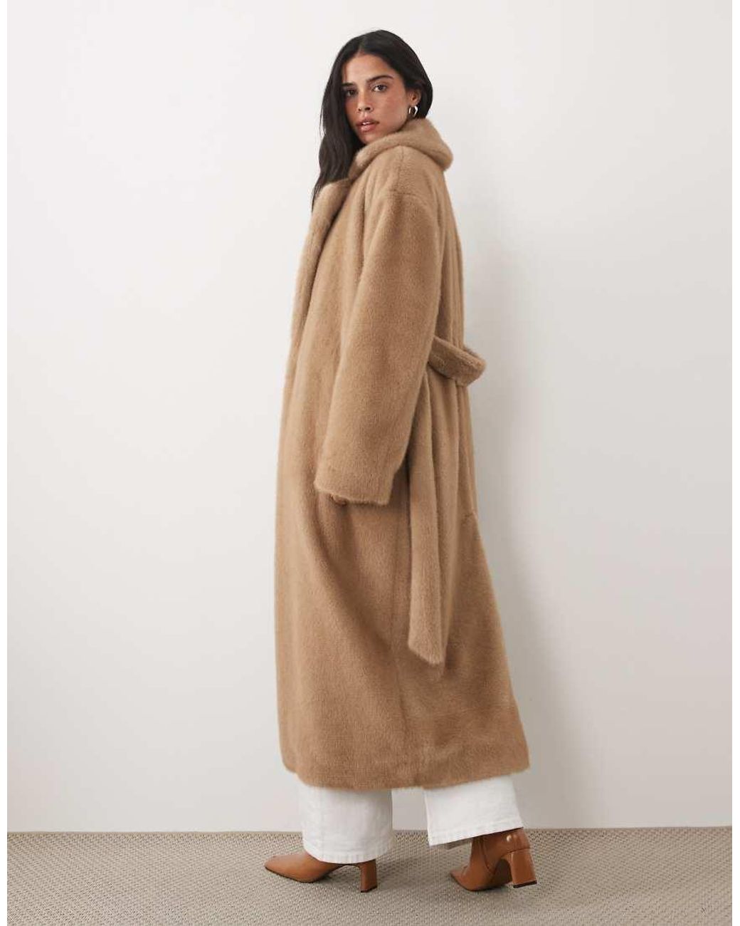 4th & Reckless Natural Brushed Faux Fur Collared Tie Waist Maxi Coat