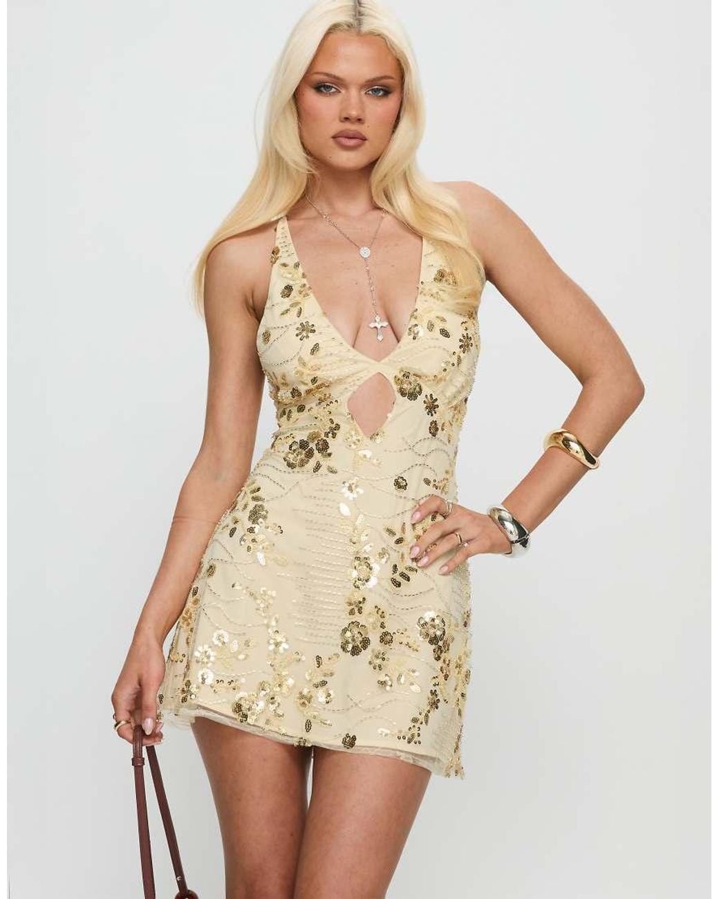 Princess Polly Brown Steffie Floral Sequined Plunge Cutout Detail Open Strappy Back Sleeveless Mini Dress