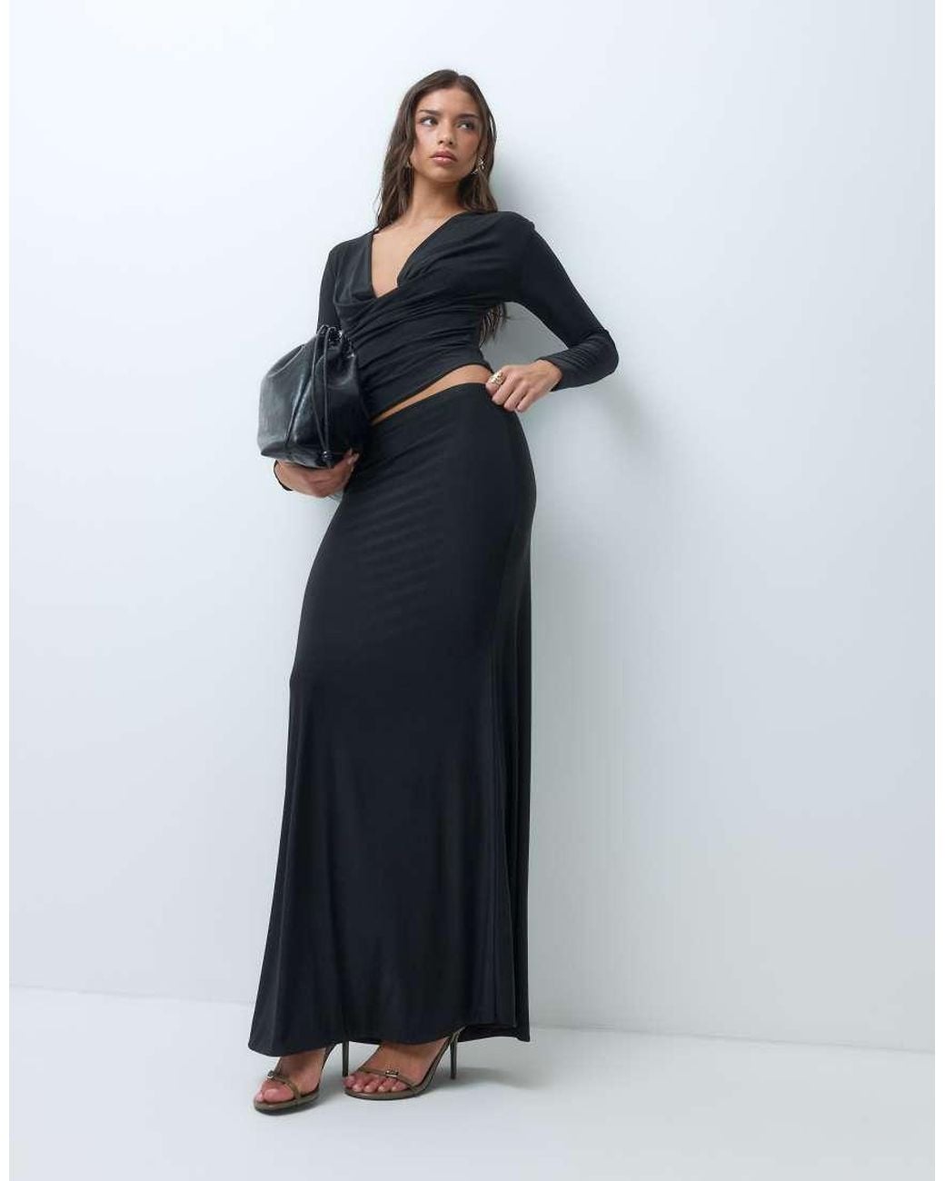 Kaiia Black Exclusive Double Sculpted Slinky Cowl Front Top Co-ord