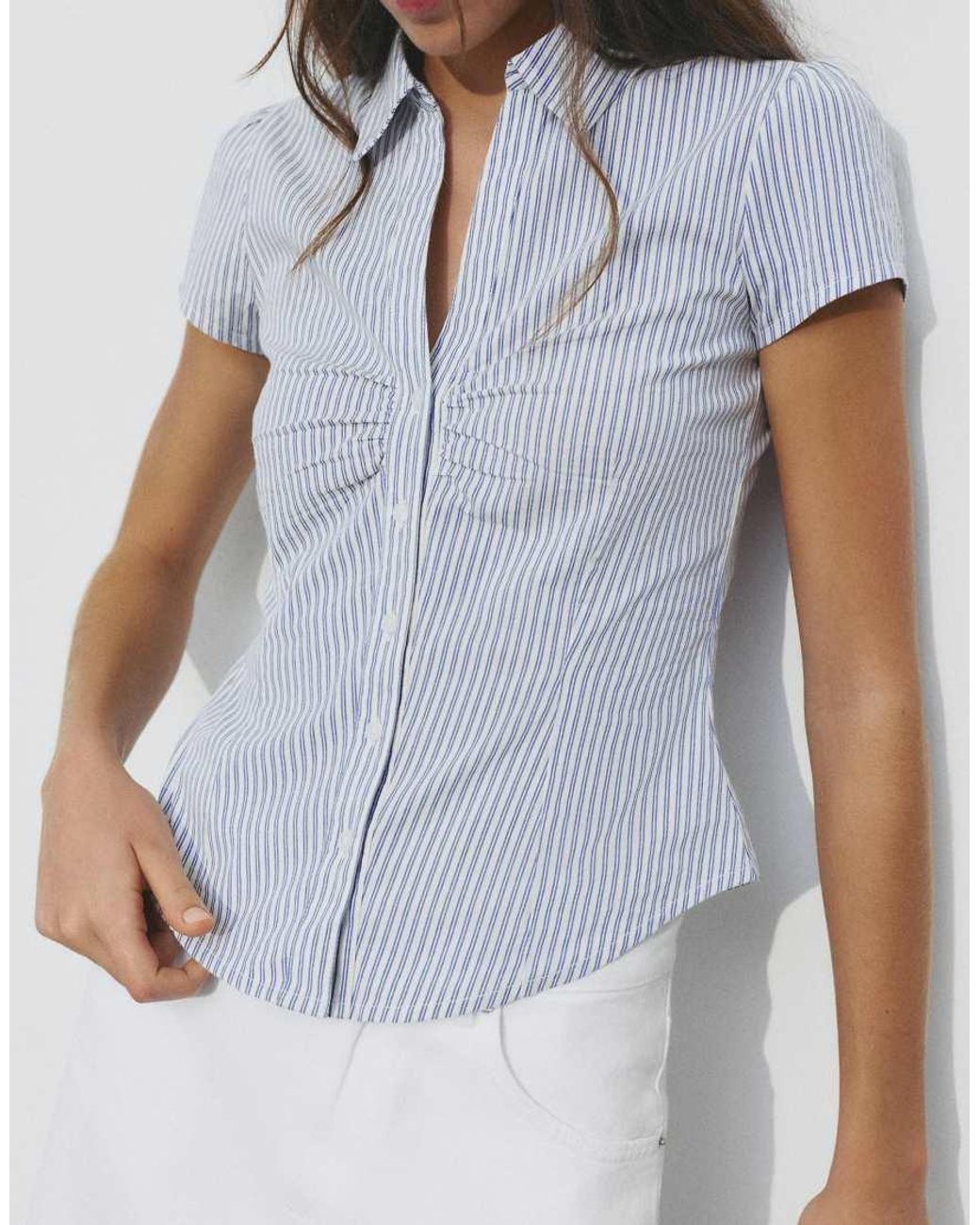 Pull&Bear Blue Gathered Short Sleeve Shirt