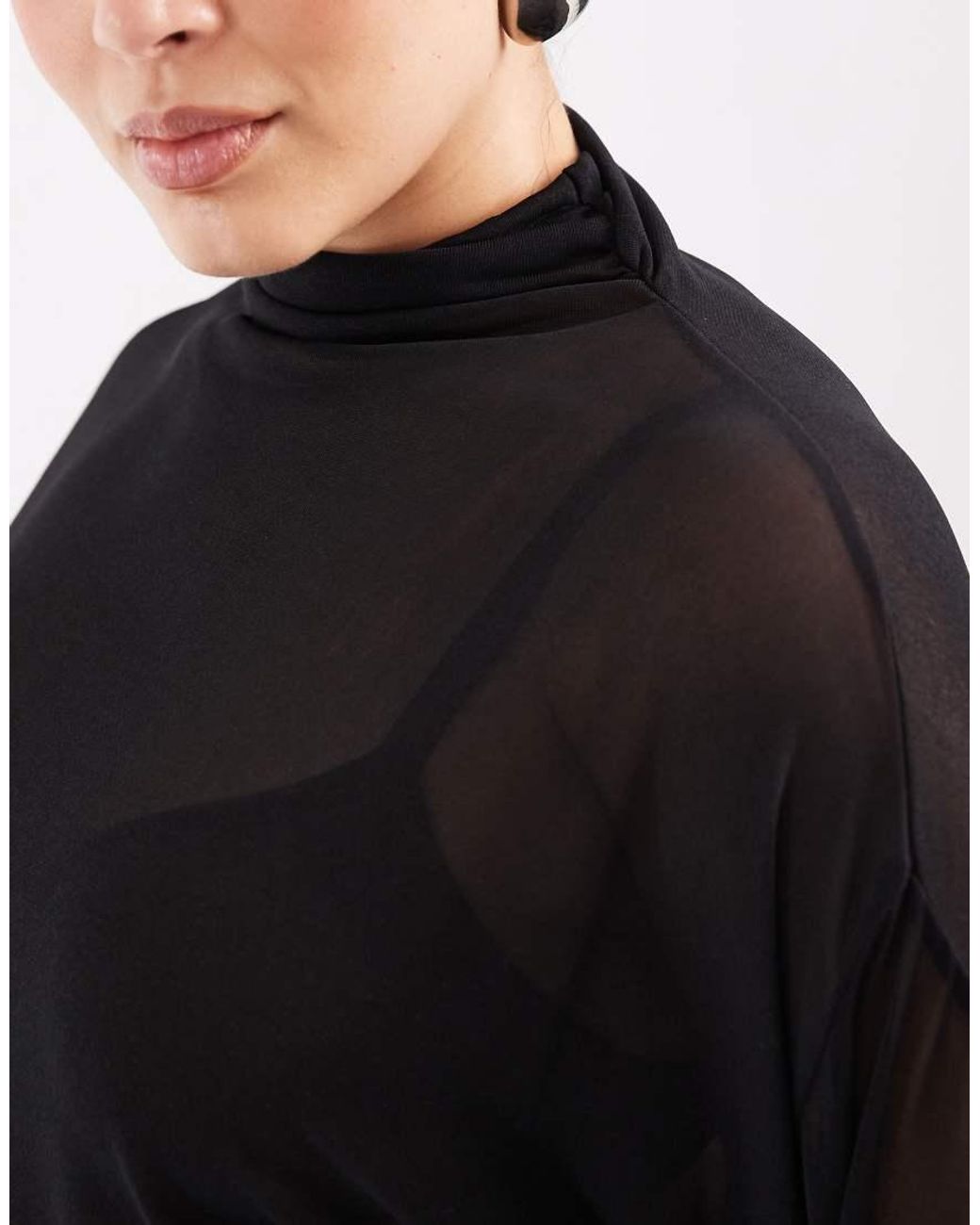 ASOS Black Asos Design Curve Sheer Batwing High Neck Ruched Sleeve Top