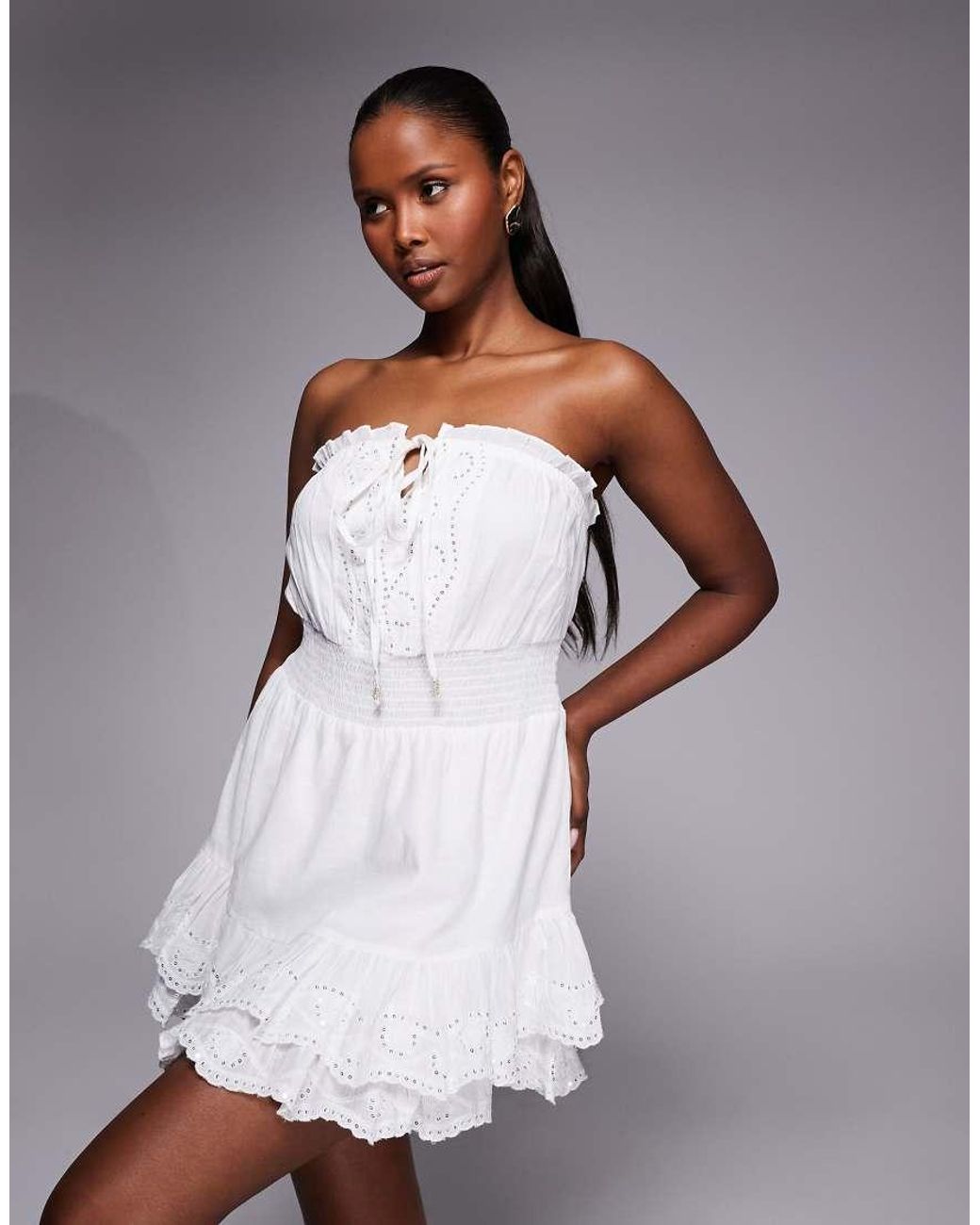 River Island Gray Embroidered Ruffle Playsuit