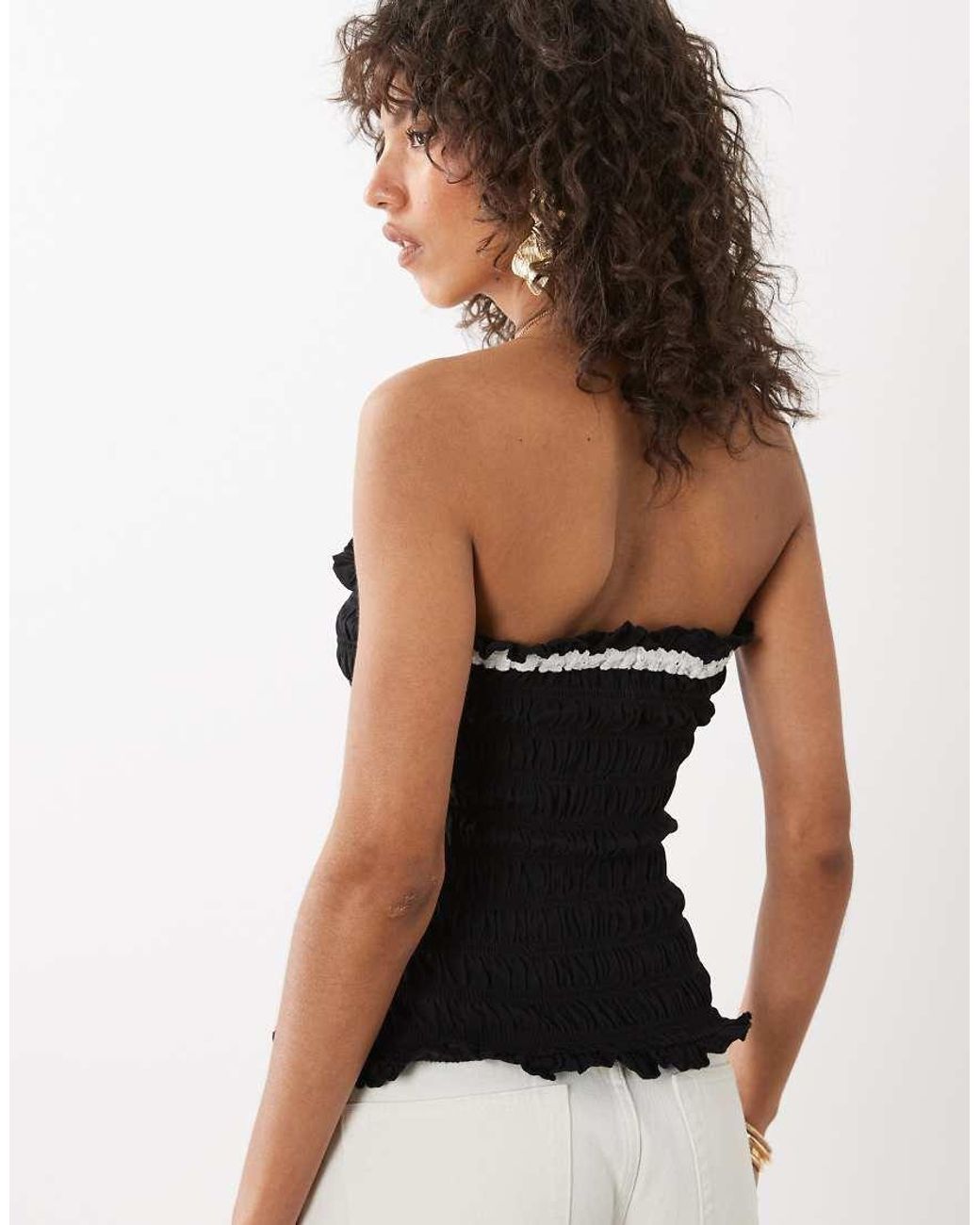 Nobody's Child Black Cotton Shirred Bodice Bandeau Top With Contrast Detailing