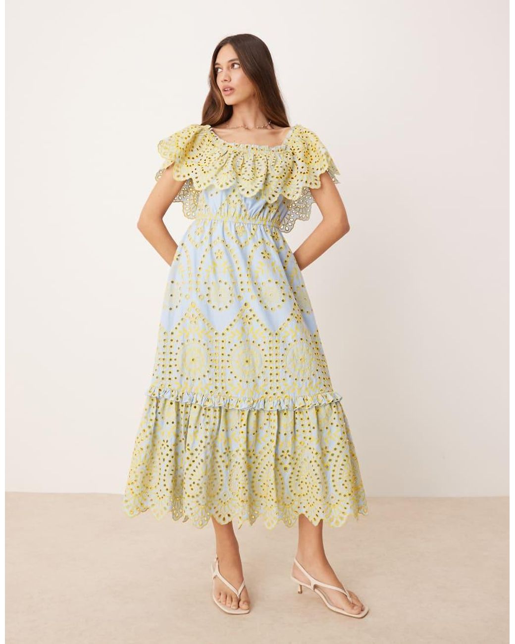 Maya Multicolor Broderie Bardot Midi Dress